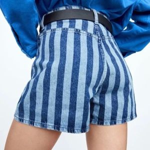 Zara High Waisted Striped Denim Shorts Size14